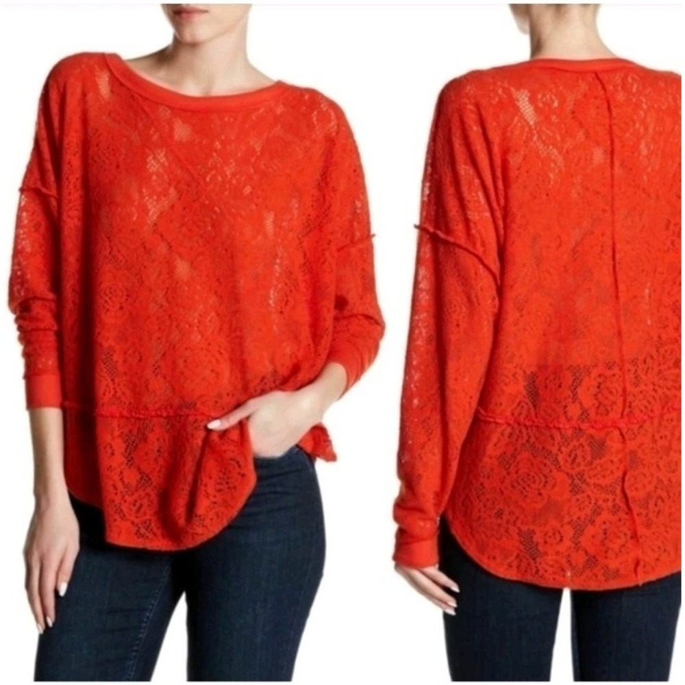 Free People Orange Not Cold In This Lace Oversized Boho Casual Top Sweater Sz S